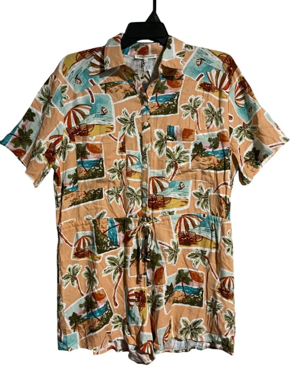 Label of Love Romper Womens M Linen Blend Peach Tropical Postcard Print